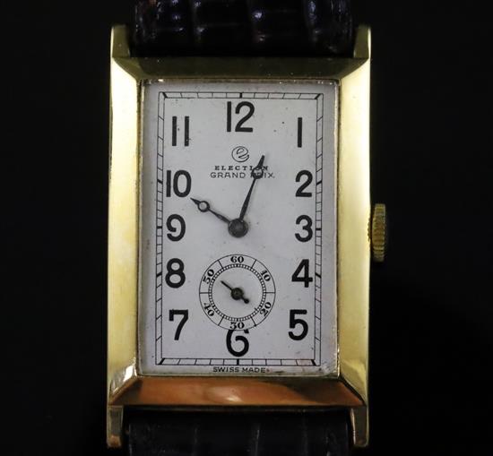 A gentlemans stylish late 1920s 18ct gold Election Grand Prix manual wind wrist watch,
